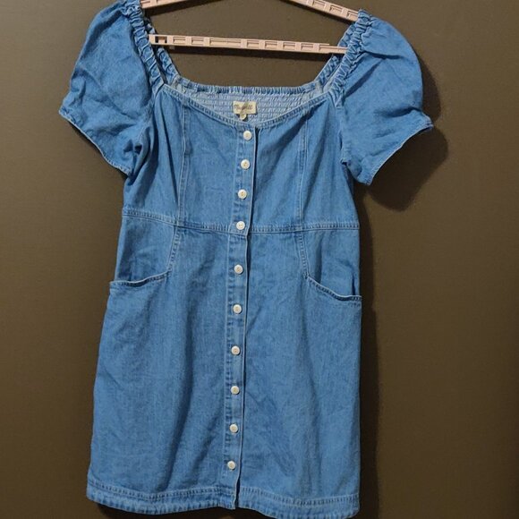 Madewell Denim Puff Sleeve Smocked Mini Dress SIZE 12 - Picture 3 of 7